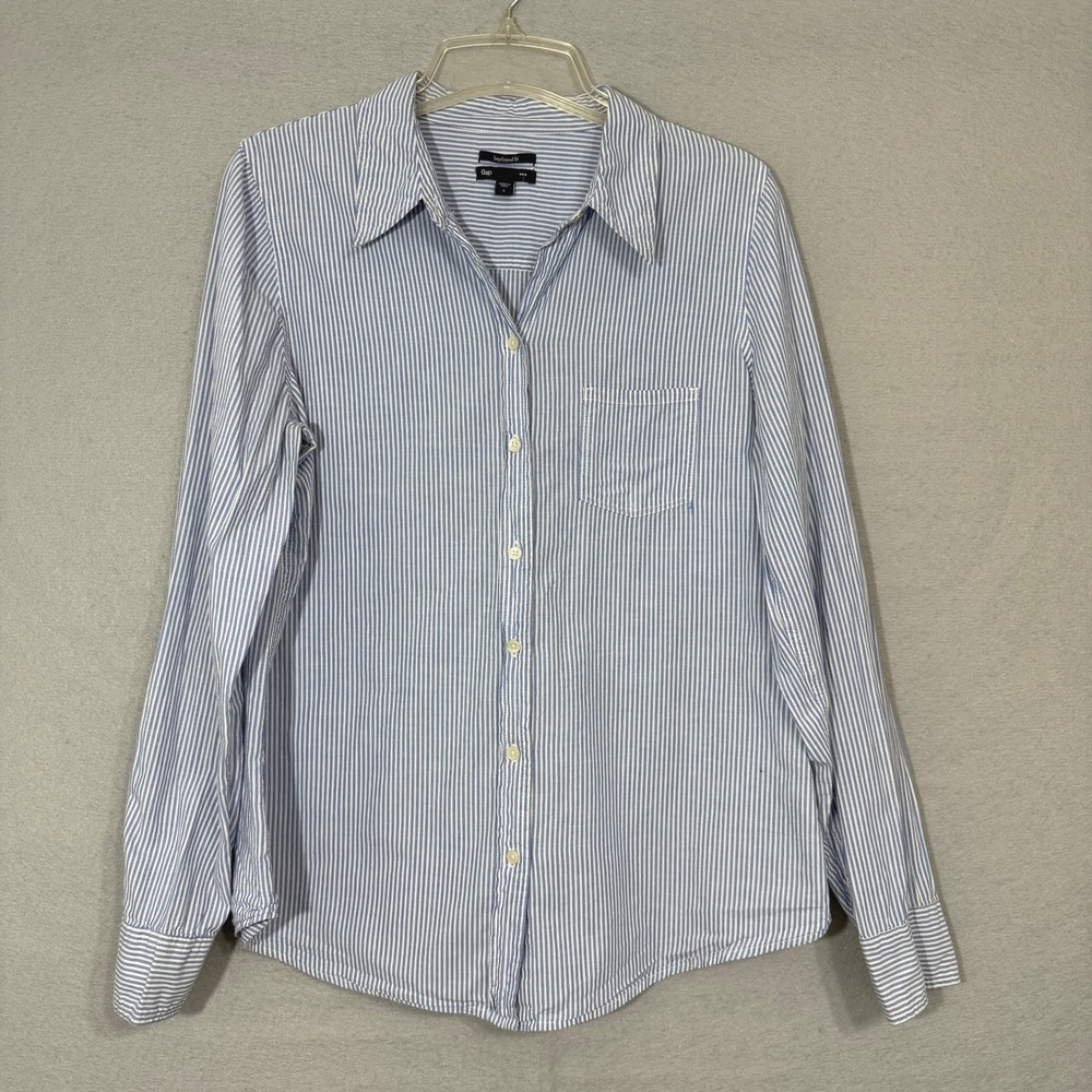 Gap Boyfriend Fit Button Down Shirt Womens Size‎ L Blue White Pinstripe Cotton